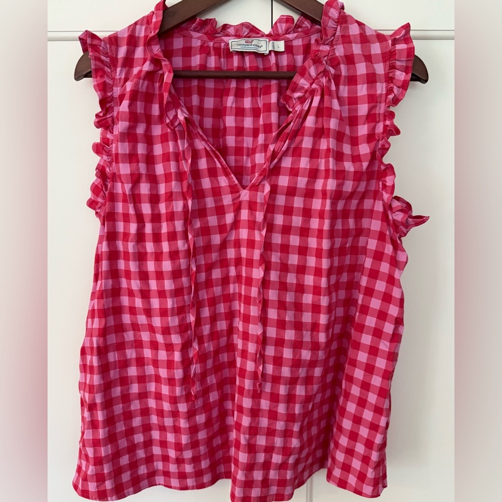 Vineyard Vines Harbor Gingham Ruffle Popover Top Sz L - Picture 5 of 9